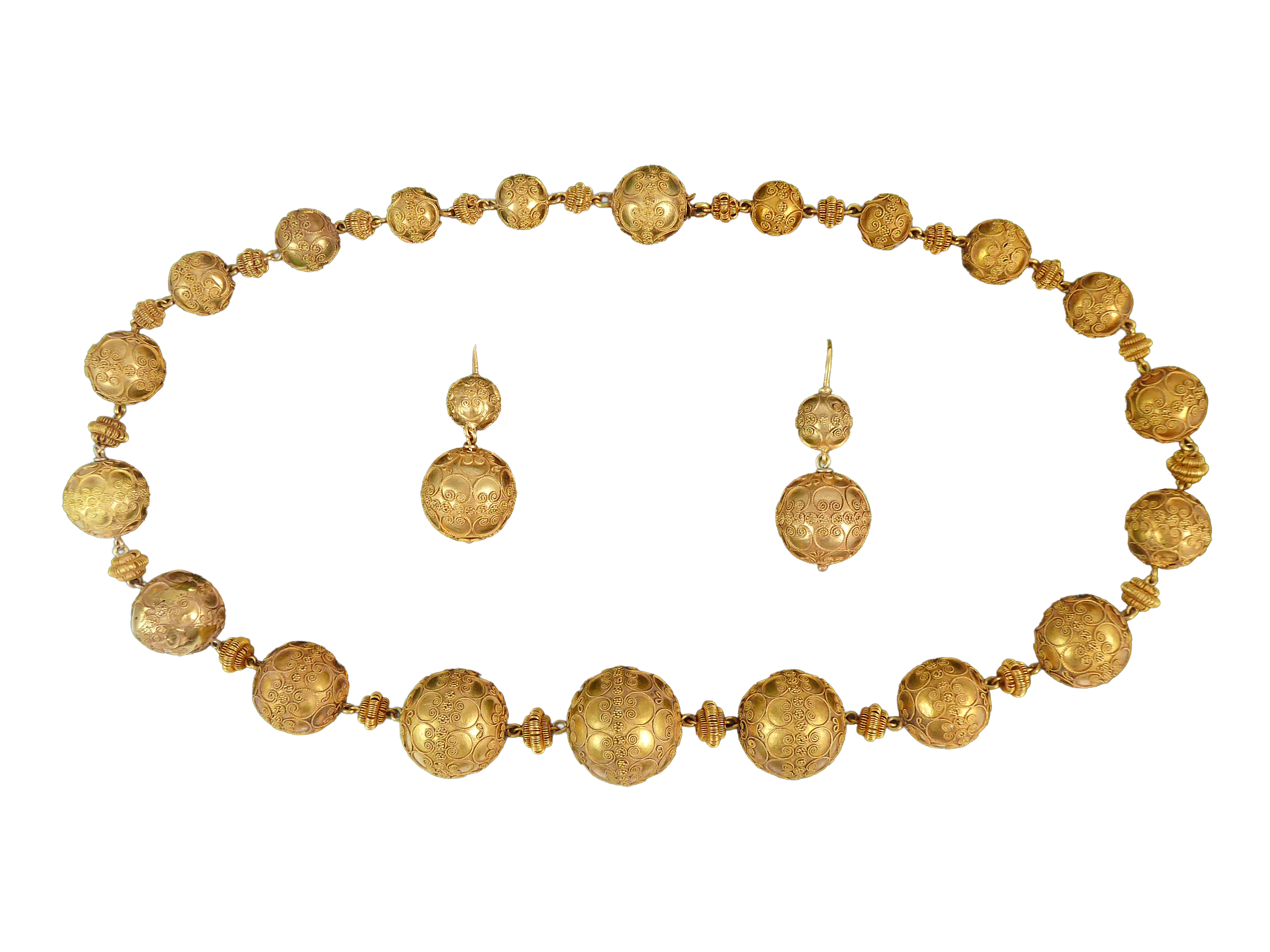 19th century gold bead and wirework graduated ball necklace and earrings en suite, c.1870,